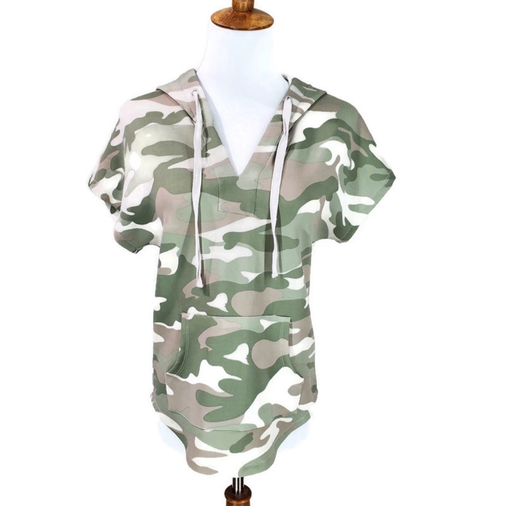 NWT Philosophy Green Camo Hooded Modal Kangaroo Pocket Soft Short Sleeve Top XS